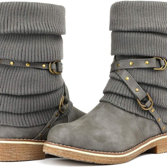 Women's Faux Fur Mid Calf Winter Snow Boots Rubber Sole Edgy Style Warm - Picture 2 of 6